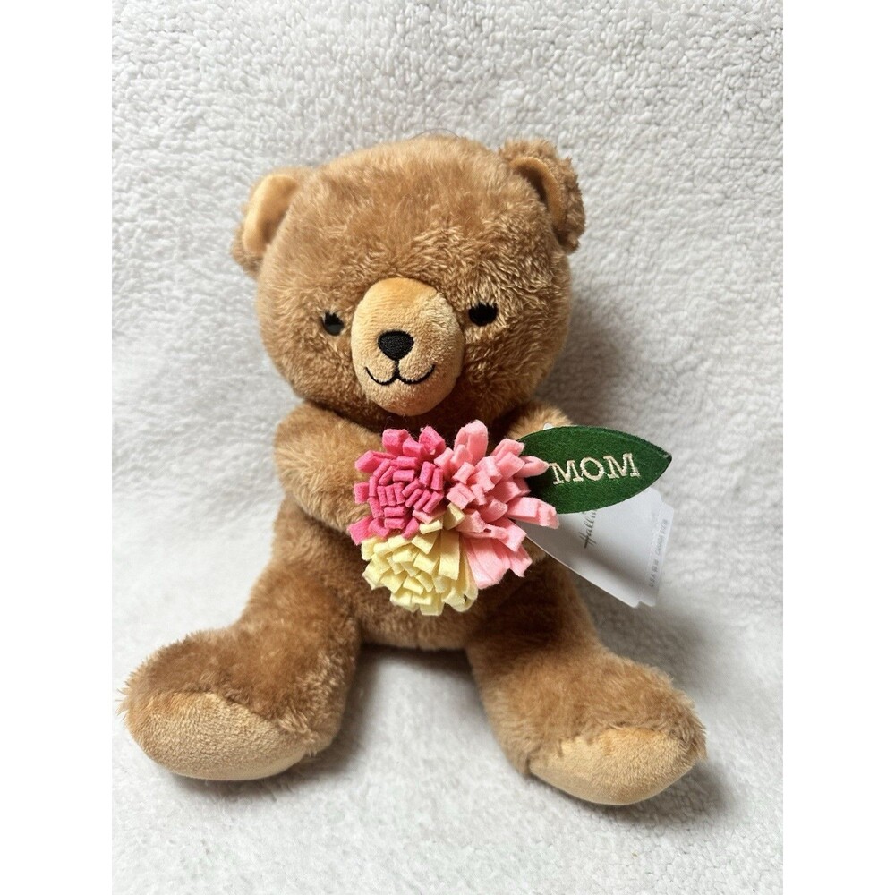 Hallmark Teddy Bear Soft 8” Plush with Felt Flower Bouquet & MOM Leaf NWT